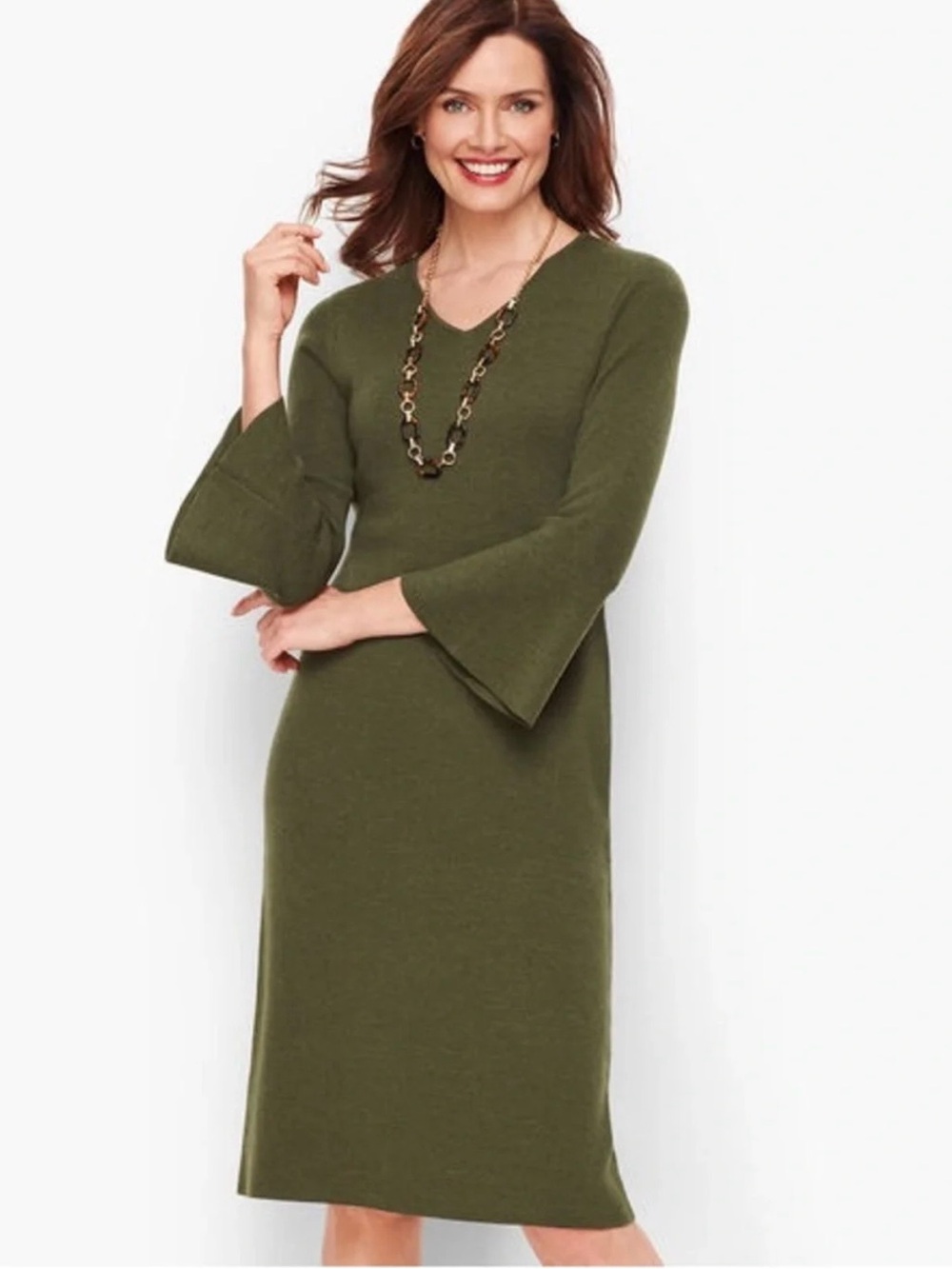 NWT Talbots Olive Green Bell-Sleeve Knit Dress.100% Merino Wool.Size